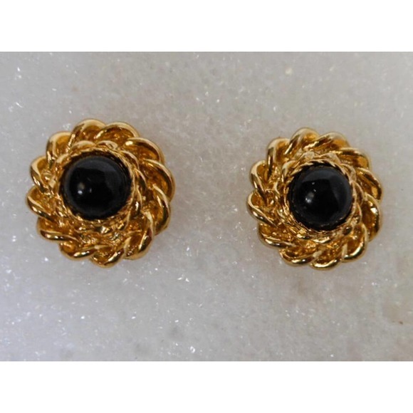 Vintage Gold Tone Black Cabochon Round Button Stud Earrings - Picture 6 of 8